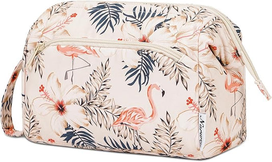 Narwey Women Makeup Bag Wide-open Make up Bag Travel Cosmetic Organizer Toiletry Bag for Cosmetics Toiletries Accessories (Beige Flamingo)