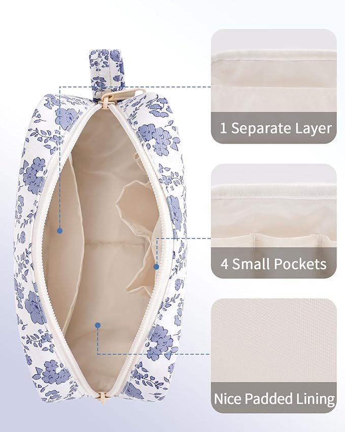 Narwey Small Makeup Bag for Purse Travel Makeup Pouch Mini Cosmetic Bag Zipper Pouch for Women (Little Grayish Blue Flower, Small)