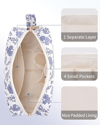 Narwey Small Makeup Bag for Purse Travel Makeup Pouch Mini Cosmetic Bag Zipper Pouch for Women (Little Grayish Blue Flower, Small)