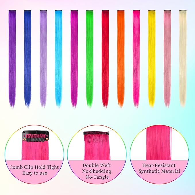 24PCS Colored Clip in Hair Extensions Birthday Gift for Girls Age 4 5 6 7 8-10-12 Year Old, 20Inch Colorful Hair Accessories Rainbow Hairpieces Christmas Stocking Stuffers for Girls Easter Valentines