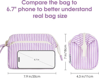 Narwey Striped Makeup Bag Women Wide-open Make up Bag Travel Cosmetic Bag Organizer Toiletry Bag for Cosmetics Toiletries Accessories (Purple Stripe)
