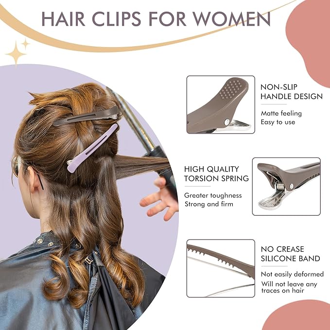 12pcs Duck Billed Hair Clips for Styling Sectioning Rollers Blowout Cutting - Professional Salon Clips with Silicone Band for Stylists Hairdressers Thick Long Hair – Ashen 6 Colors 4.48” Long