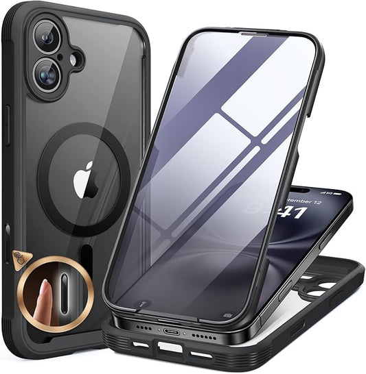 Miracase for iPhone 16 Case 6.1'', [Bubble Free] Full-Body Bumper Phone case with Built-in Full Glass Screen &Camera Control,No Gap,Compatible with MagSafe,Drop Proof 16 Cover,Black