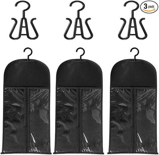 3PCS Wig Hanger and Hair Extension Holder for Multiple Wigs - Dust-proof Storage Bags With Hook for Accessories (Black)