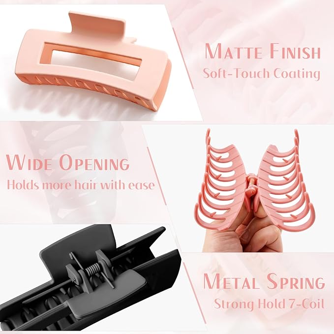 TOCESS 8 PCS Claw Clips in Black & Pink, Non-Slip Matte Finish 4.33 In Square Hair Claw for Thick Thin Curly Hair Women & girls, Jumbo Clamps with Big Open Design, Ideal for Travel, Yoga, or Daily Use