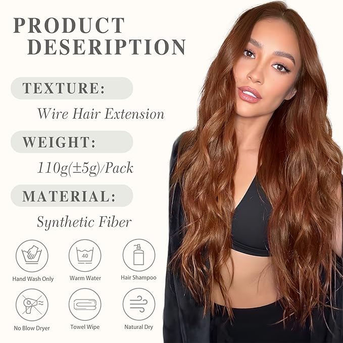 MORICA Halo Hair Extensions 20 Inch Auburn Invisible Wire Hair Extensions, Long Wavy Synthetic Hairpiece with Transparent Wire Adjustable Size, 4 Secure Clips for Women