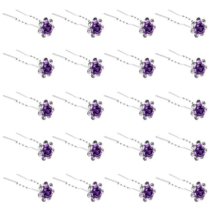 20 Pack (Purple) Crystal Hair Pins Rose Flower Rhinestone Hair Clips for Bridal Wedding Women Hair Jewelry Accessories, with Clear Container