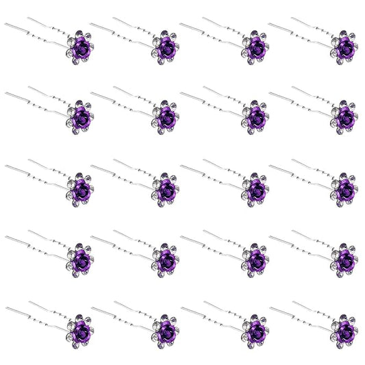 20 Pack (Purple) Crystal Hair Pins Rose Flower Rhinestone Hair Clips for Bridal Wedding Women Hair Jewelry Accessories, with Clear Container