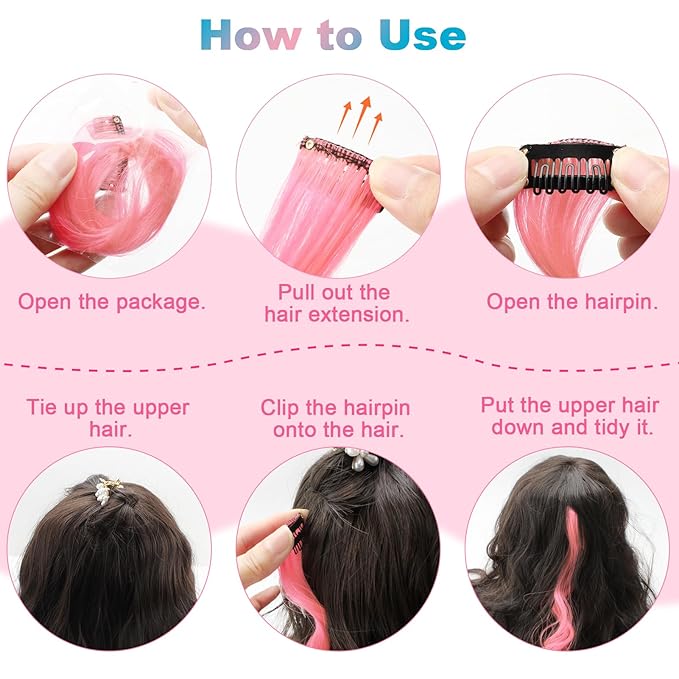 10 PCS Pink and Lake Blue Hair Extensions, Curly Wavy Synthetic Hairpieces Clip in Rainbow Neon Party Highlights, Colorful Hair Accessories for Women 17 inch (Pink Lake Blue)