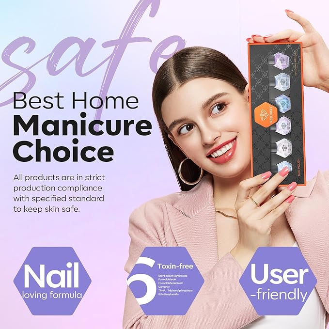 Modelones Nail Polish, 6 Colors 2025 Spring Summer Baby Blue Purple Nail Polish Set Shimmer Glitter Sliver Fast Drying Mini Nail Lacquer Kit Finger Manicure DIY Nail Art Home Salon Gift for Women Girl