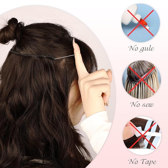 MORICA Halo Hair Extensions 20 Inch Medium Brown Invisible Wire Hair Extensions,Long Wavy Synthetic Hairpiece with Transparent Wire Adjustable Size, 4 Secure Clips for Women
