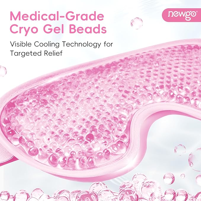NEWGO Cooling Gel Cold Eye Mask for Puffy Eyes, Reusable Ice Pack with Soft Plush Backing for Dark Circles, Migraine, Stress Relief - Pink
