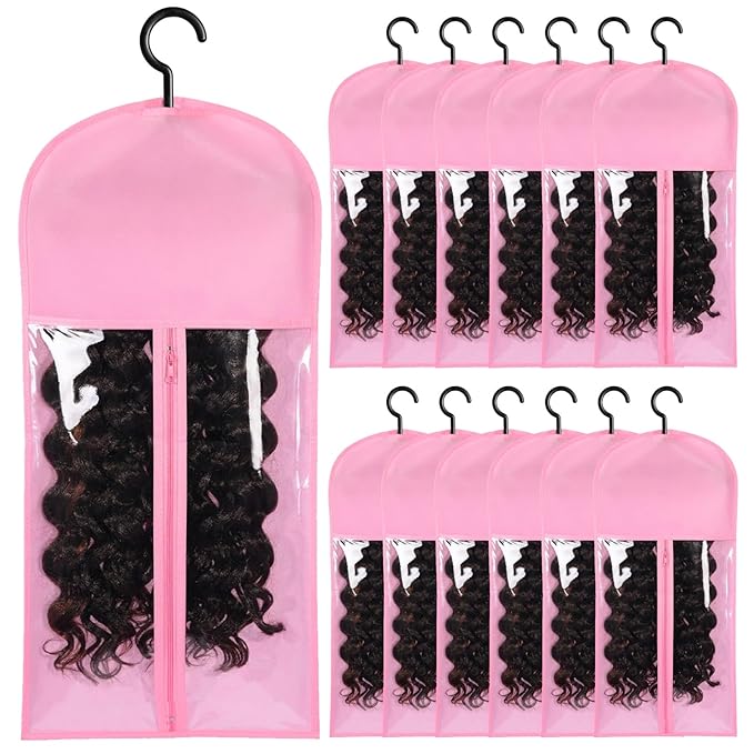 12PCS Wig Storage Wig Bags Storage with Hanger Hair Extension Holder Wig Hanger for Multiple Wigs Hair Extension Hanger Wig Holder Hair Extension Storage Hair Extensions, Wigs & Accessories (PINK)
