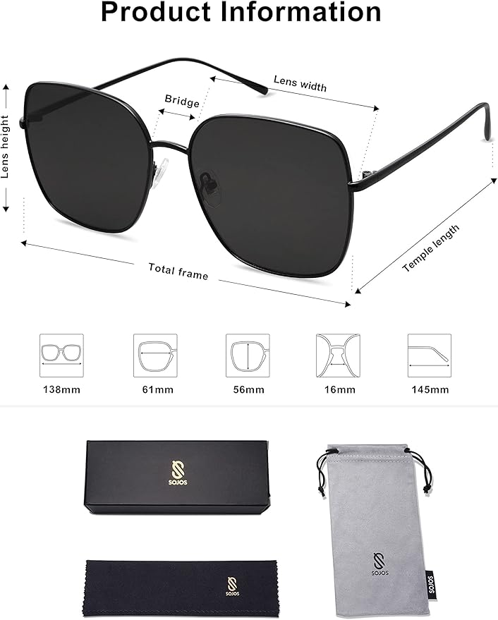 SOJOS Trendy Oversized Square Metal Frame Sunglasses for Women Men Retro Big Flat Lens UV Protection Sunglasses SJ1146