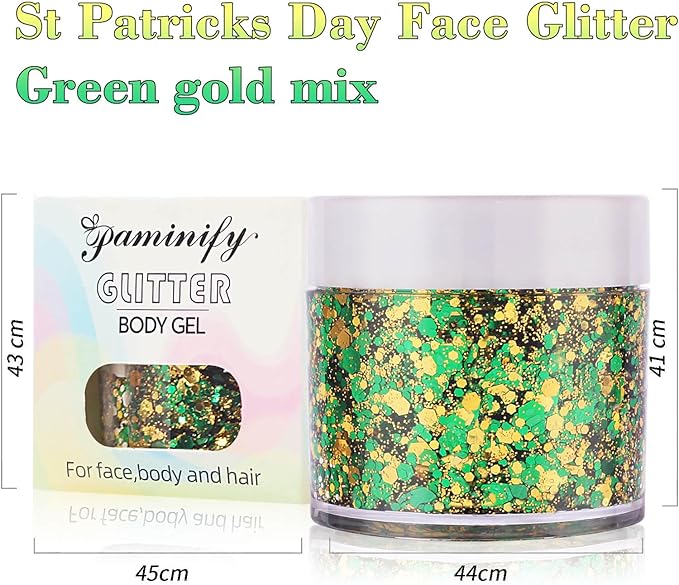 St Patricks Day Accessories Green Face Glitter Gel,Gold Hair Glitter Green St Patrick's Day Outfit for Women,Mardi Gras Carnival Face Paint Body Glitter Sparkling Festival Chunky Makeup
