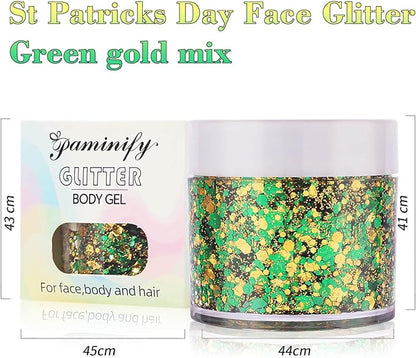 St Patricks Day Accessories Green Face Glitter Gel,Gold Hair Glitter Green St Patrick's Day Outfit for Women,Mardi Gras Carnival Face Paint Body Glitter Sparkling Festival Chunky Makeup