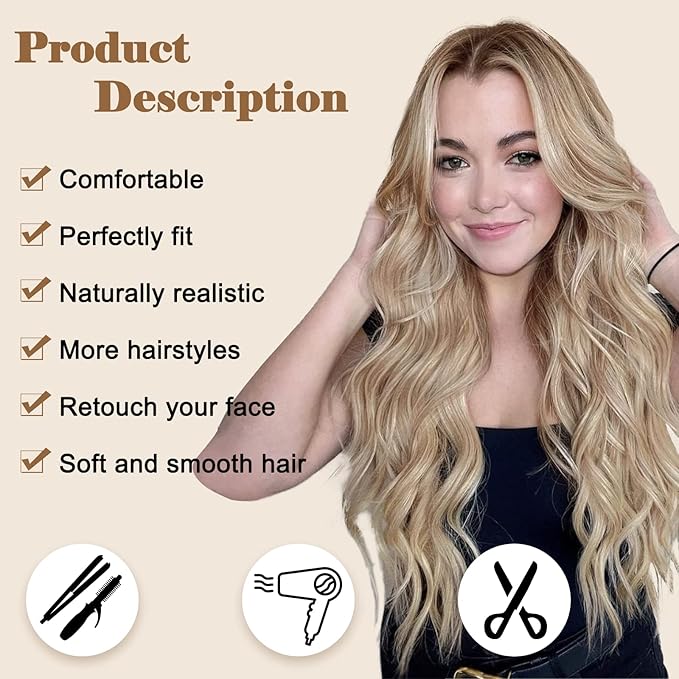 NAYOO Long Blonde Wavy Wig for Women - 26 Inch Middle Part Curly Synthetic Heat Resistant Fiber Wig for Daily Party Use (Ombre Blonde)