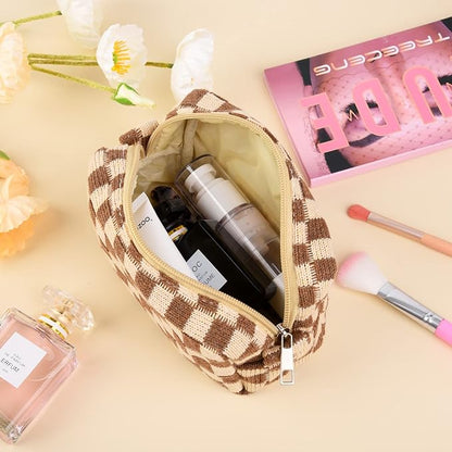 2 Pieces Checkered Cosmetic Travel Bags - Cute Makeup Pouch Organizers With Brush Storage for Women