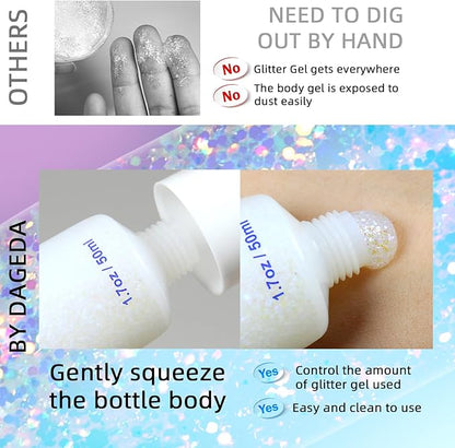 DAGEDA Body Glitter Gel, Holographic Face Glitters Body Gel Shimmer Liquid Eyeshadow, Color Changing Glitter for Face Hair Nails, Glitter Under Light Festival Glitter Makeup 1.7oz (Mystic Purple)