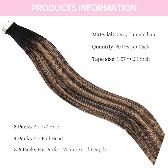 #1B/6/1B Tape in Hair Extensions Human Hair, 18inch 20Pcs Balayage Natural Black to Chestnut Brown Balayage Hair Extensions,Straight Silky 50g Remy Tape ins for Women Girls