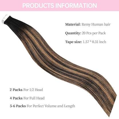 #1B/6/1B Tape in Hair Extensions Human Hair, 18inch 20Pcs Balayage Natural Black to Chestnut Brown Balayage Hair Extensions,Straight Silky 50g Remy Tape ins for Women Girls