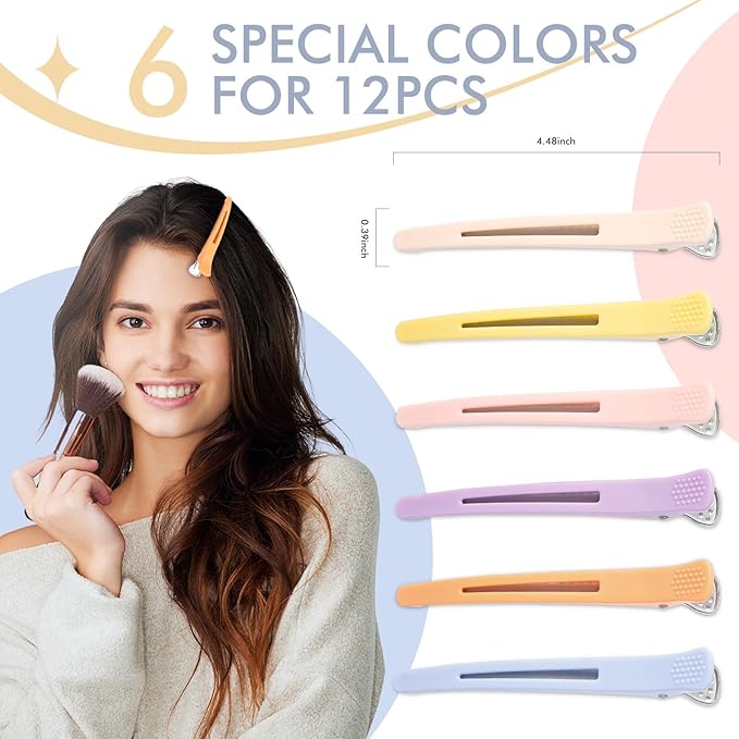 12PCS Hair Clips for Styling Sectioning - Non Slip No Crease Duck Billed Hair Clips for Women with Silicone Band - Professional 4.3 Inch Large Salon Hair Cutting Clips for Hairdresser - Macaron