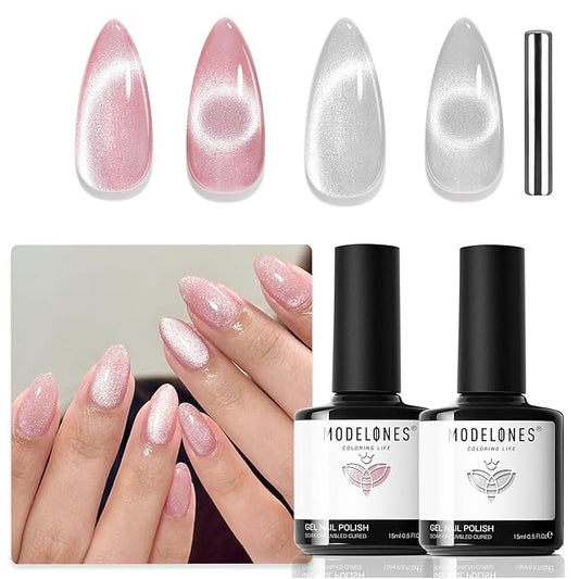 modelones Cat Eye Gel Nail Polish, 2 PCS 15ML Pink Sliver Holographic 9D Cat Eye Glitter Multichrome Silver Pink Shades Polish with Magnet Soak Off Led Nail Art Gel DIY Salon Gift