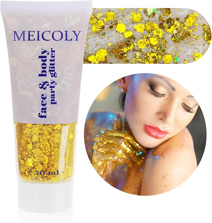 MEICOLY Gold Body Glitter,Yellow Face Glitter,Music Festival Accessories Outfits for Women,Mermaid Sequins Hair Glitter Makeup,Sparkle Face Body Glitter for Country Concert,Mardi Gras Accessories
