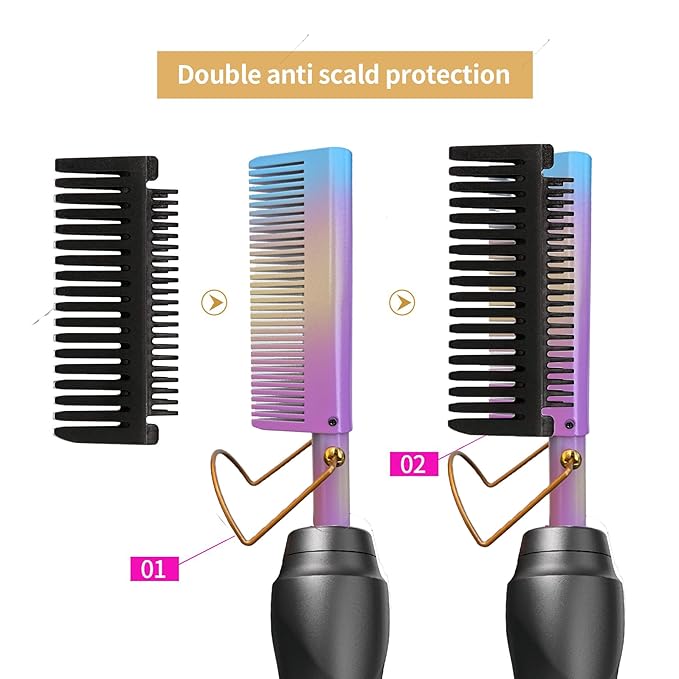 Hot Comb Hair Straightener Heat Pressing Combs - Ceramic Electric Straightening Comb, Curling Iron for Natural Black Beard Wigs Women Gift 5 In 1 - Rainbow