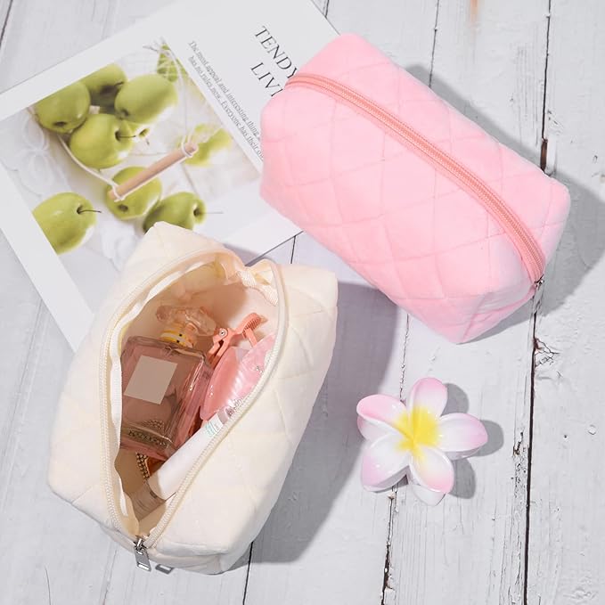 2 Pieces Makeup Bag Checkered Cosmetic Bag Plush Pink White Makeup Pouch Travel Toiletry Bag Organizer Cute Makeup Brushes Storage Bag for Women