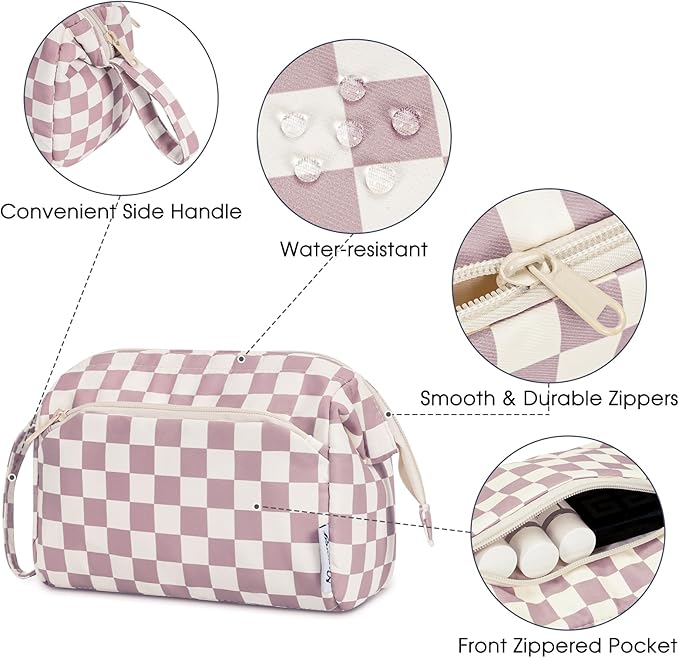 Narwey Checkered Makeup Bag Women Wide-open Make up Bag Travel Cosmetic Bag Organizer Toiletry Bag for Cosmetics Toiletries Accessories (Dusty Rose Checkerboard)