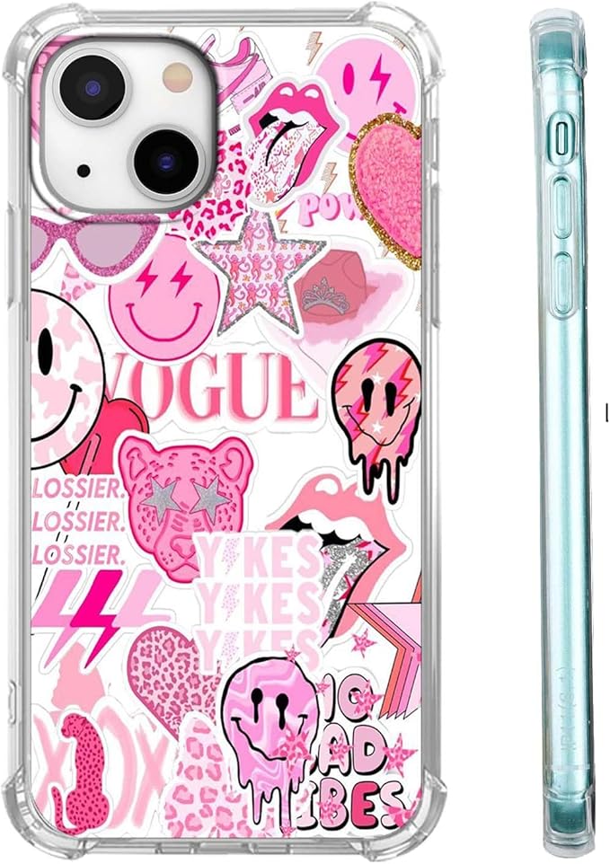 Case for iPhone 13 Mini with Pink Design,Aesthetic Hippie Indie Popular Elements Pattern,Shockproof Soft TPU Bumper Phone Cover(13mini,Pink)
