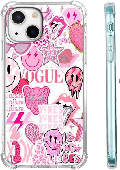 Case for iPhone 13 Mini with Pink Design,Aesthetic Hippie Indie Popular Elements Pattern,Shockproof Soft TPU Bumper Phone Cover(13mini,Pink)