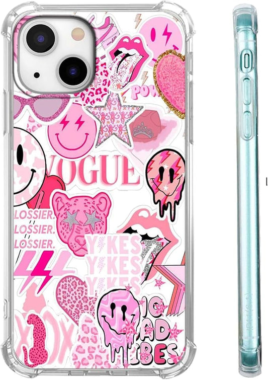 Case for iPhone 13 Mini with Pink Design,Aesthetic Hippie Indie Popular Elements Pattern,Shockproof Soft TPU Bumper Phone Cover(13mini,Pink)