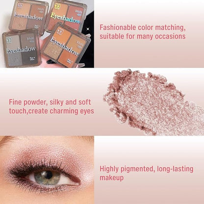 Eyeshadow Quads Glitter Matte Eyeshadow Palette,Nude Coffee Champagne Gold Dark Brown Sparkly Eyeshadow Palette Makeup, Everyday Nature Long-Lasting Waterproof Women Girls Eye Shadow 2# Nude Brown
