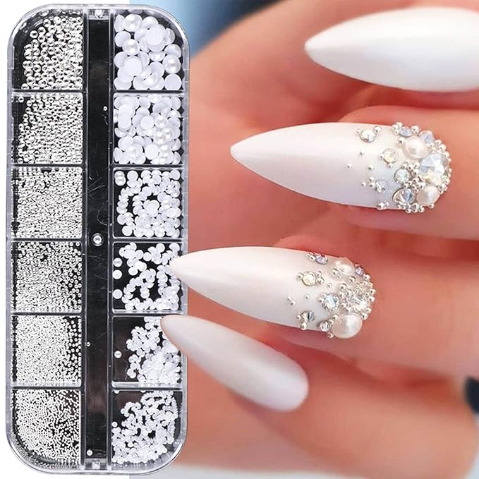 2 Boxes Nail Art Pearls Flatback Pearls Nail Charms Gold Silver White Half Round Nail Art Supplies Luxurious Design Nail Accessories Rhinestones for Women Nail Decorations.