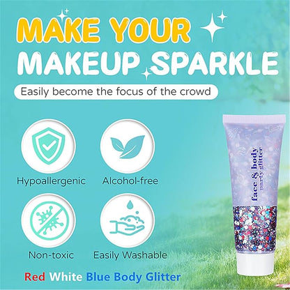 Go Ho Red White and Blue Body Glitter,USA Flag Pride Face Glitter,4th of July Outfits for Women Reflective Glitters Makeup,Holographic Long Lasting Chunky Sequins,Fourth of July Accessories
