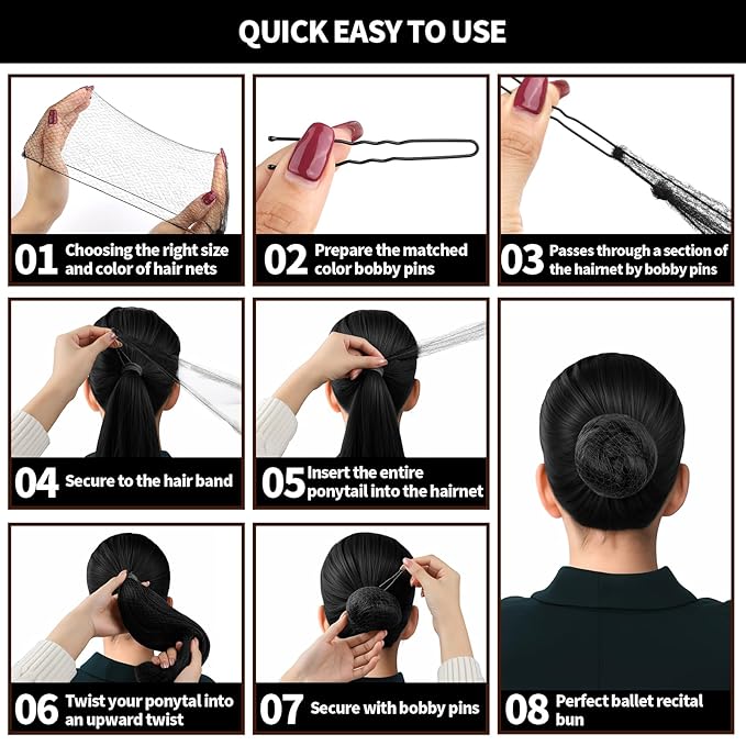 Teenitor Invisible Elastic Hair Nets with Bobby Pins for Ballerina Buns - 40 Black Nets (12, 20, 28 Inch) and 80 Pins