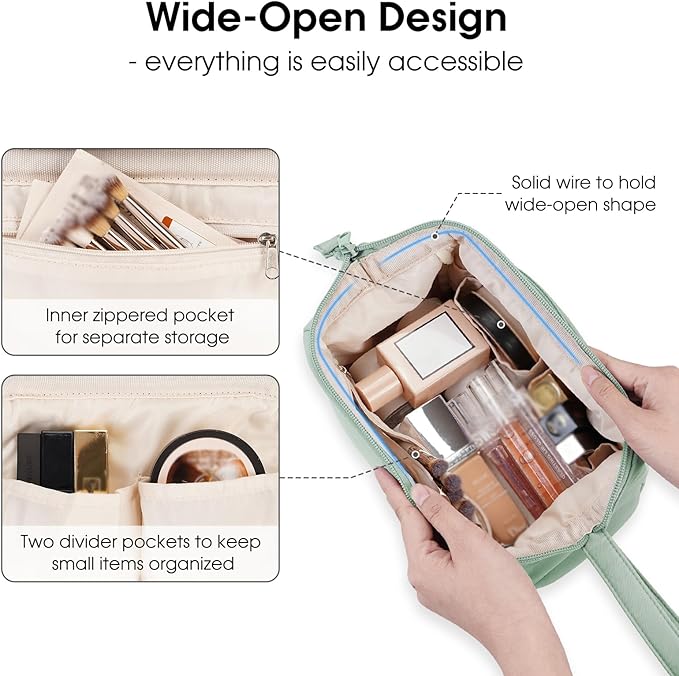 Narwey Wide-open Makeup Bag Women Girls, Travel Toiletry Bag for Women Cosmetic Bag Organizer Make up Bag with Compartments Toiletries Medicine Bag (Mint Green)