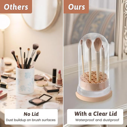 3 in 1 Makeup Brush Cleaner Bowl and Dryer, Silicone Simply Makeup Brush Cleaner Mat, Waterproof Makeup Brush Holder with Lid, Cosmetic Tools Organizer (Khaki)