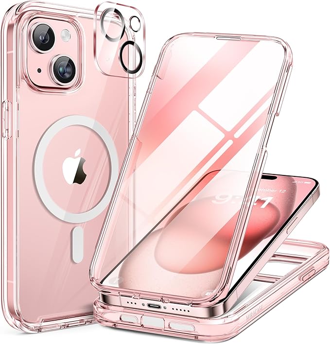 Miracase Glass Series for iPhone 15 Case [Compatible with MagSafe] Full-Body Magnetic Case with Built-in 9H Tempered Glass Anti-Fingerprint Screen Protector + Camera Lens Protector, Transparent Pink