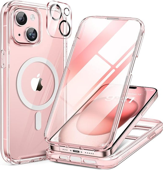 Miracase Glass Series for iPhone 15 Case [Compatible with MagSafe] Full-Body Magnetic Case with Built-in 9H Tempered Glass Anti-Fingerprint Screen Protector + Camera Lens Protector, Transparent Pink
