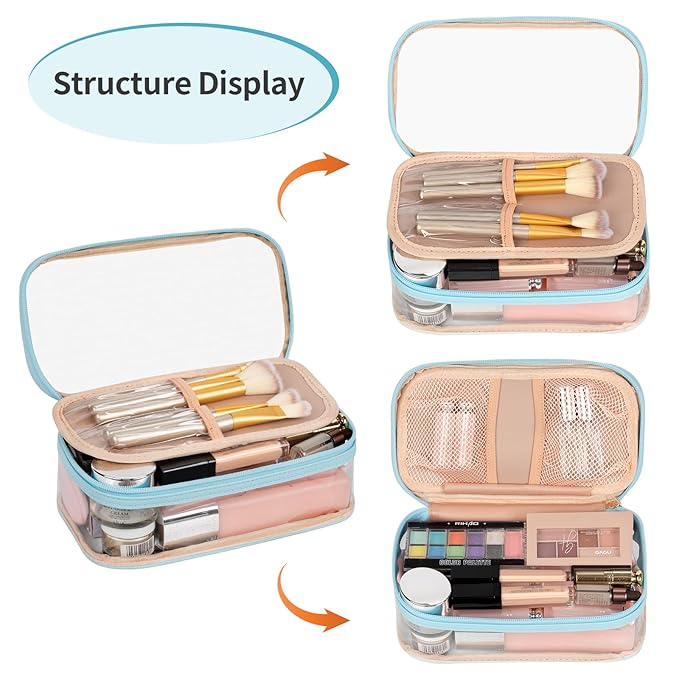 OCHEAL Clear Makeup Bag, Portable Makeup Storage Organizer Cosmetic Bag, Travel Makeup Bag Cute Pouch Women Girls Cosmetics Bags with Divider Makeup Brush Compartment-Lake Blue Clear