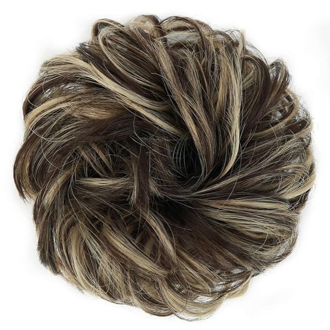 MORICA 1PCS Messy Hair Bun Hair Scrunchies Extension Curly Wavy Messy Bun Hair Synthetic Chignon Hairpieces for Women(Dark Brown & Ash Blonde)