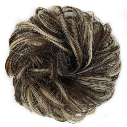 MORICA 1PCS Messy Hair Bun Hair Scrunchies Extension Curly Wavy Messy Bun Hair Synthetic Chignon Hairpieces for Women(Dark Brown & Ash Blonde)