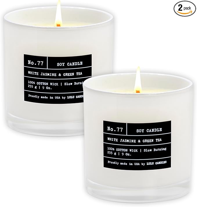 Lulu Candles | White Jasmine & Green Tea | Luxury Scented Soy Jar Candle | Hand Poured in The USA | Highly Scented & Long Lasting (9 Oz. 2 Pack)