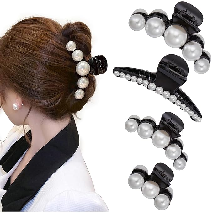 Mehayi 4 PCS Large Black Pearl Hair Claw Clips for Women Girls, Hair Barrette Clamps for Thick Thin Hair, Fashion Hair Accessories Headwear Styling Tools for Party Wedding