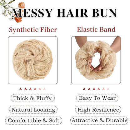 MORICA 1PCS Messy Hair Bun Hair Scrunchies Extension Curly Wavy Messy Bun Hair Synthetic Chignon Hairpieces for Women(22/613#(Pale Golden Blonde & Bleach Blonde Mixed))