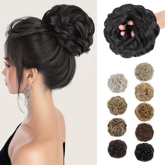 MORICA 1PCS Messy Hair Bun Hair Scrunchies Extension Curly Wavy Messy Bun Hair Synthetic Chignon Hairpieces for Women (2#(Natural Black))
