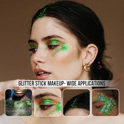 Brzeaf Waterproof Green Body Glitter Stick, Chunky Glitter for Face/Body/Hair/Eyes/Lip, Singer Concert Music Rave Festival, Glitter Stick Makeup & Face Glitter Gel for Women Men 0.56 OZ